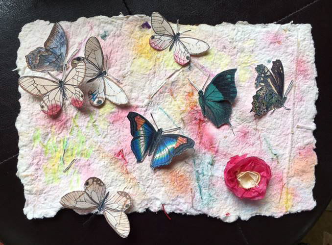 "Butterflies in the Garden" Edith Skiba 2016<br />mixed media on handmade paper 6x8"
