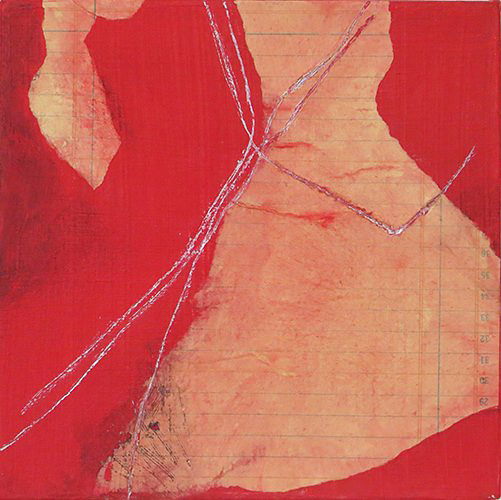 "Yellow on Red with Gouges" Diane Englander 2015<br />6x6" papers, acrylic, pencil on canvas