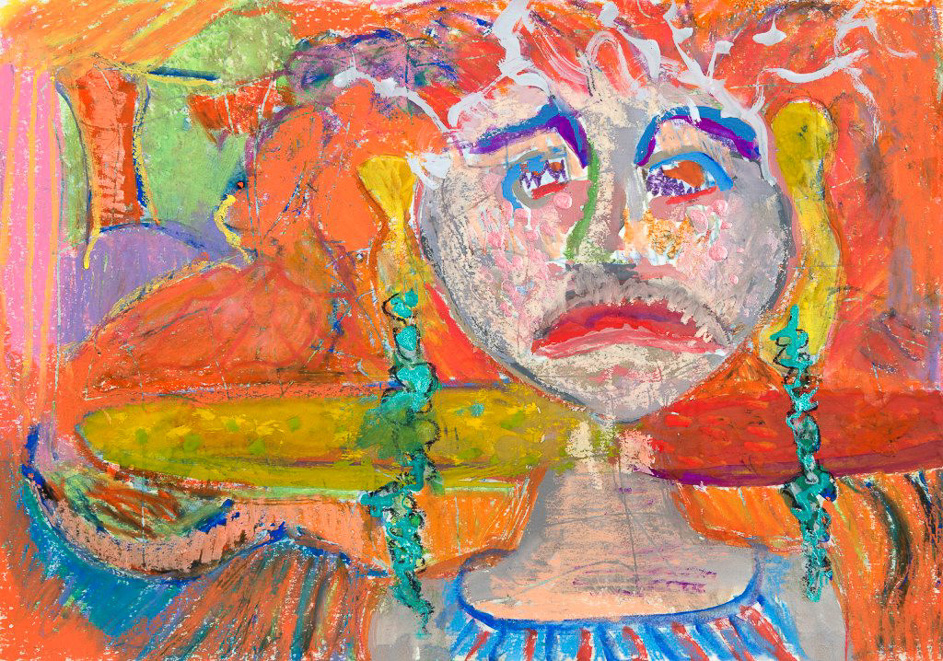 DISTRAUGHT AND CHOKING BASCHA LOST IN<br />THE NEW LAND<br />Gouache, Caran d’Ache, Oil Pastel, and Acrylic<br />Pearlescent Ink on paper<br />8.5 x 12 in<br />July 21, 2015