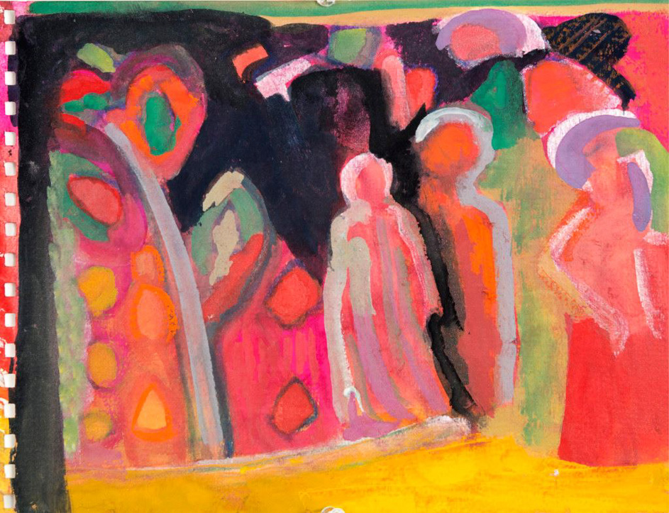 CONVOCATION-THE FIRST MEETING IN THE<br />NEW LAND<br />Gouache, Oil Pastels, Pearlescent Inks, and<br />Conte pencil on paper<br />8.5 x 12 in<br />July 7, 2015
